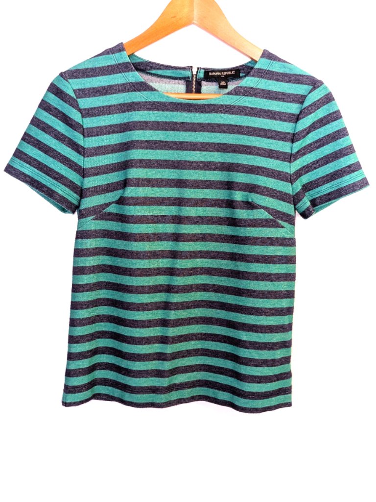 Banana Republic Factory | Striped Back Zip Short Sleeve Green & Navy Top | Sz Xs